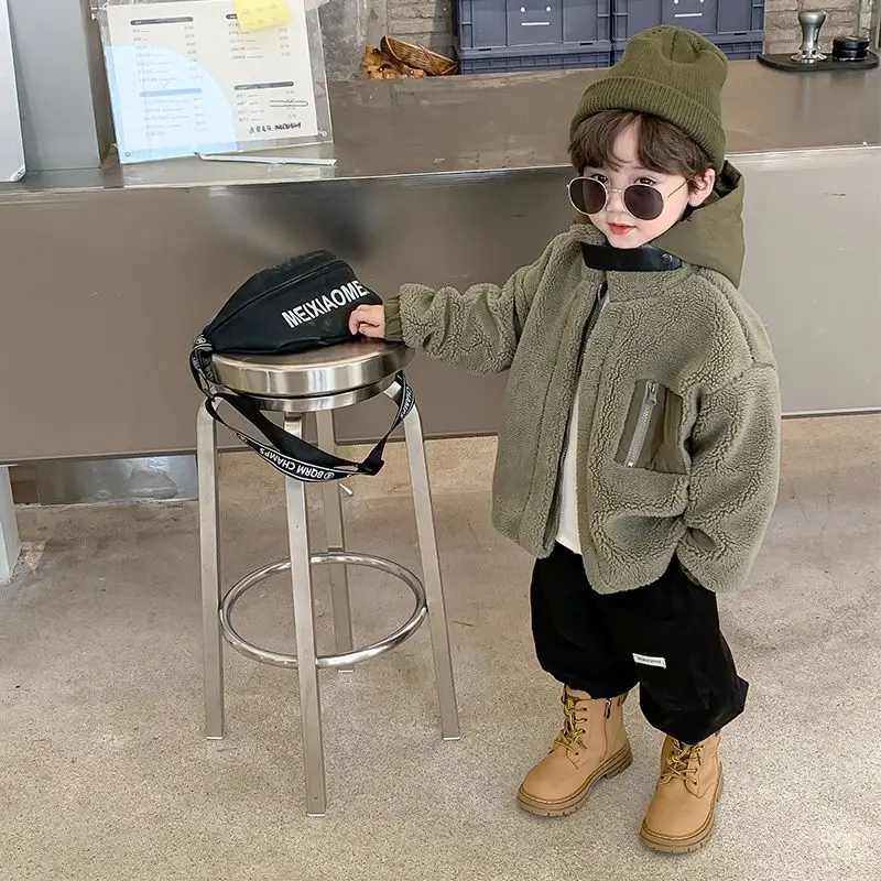 

Boys Coat Jacket Overcoat Cotton Outerwear 2023 Khaki Warm Thicken Velvet Winter Snowsuit Kids Children's Clothing