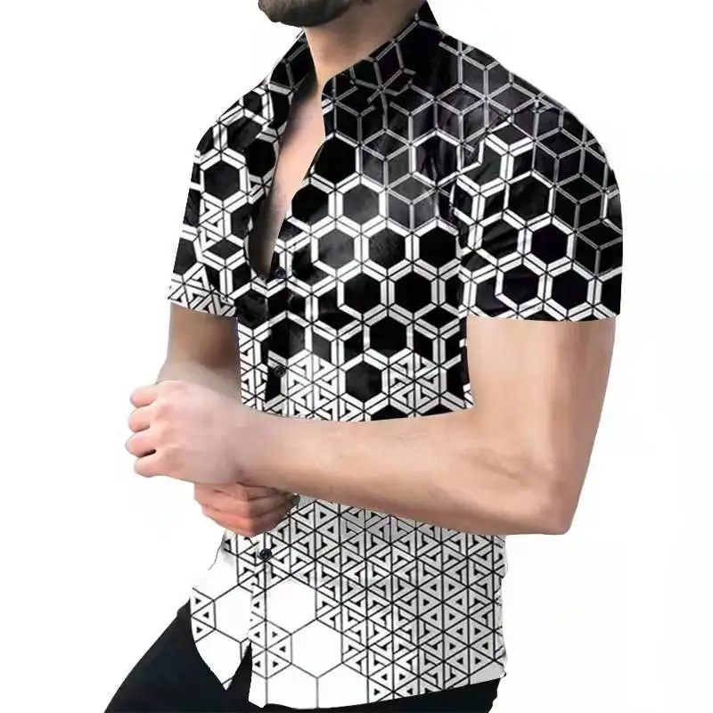 2022 New Spring Summer Geometric Print Shirts Men Fashion Turn-down Collar Buttoned Shirt Casual Short Sleeve Cardigan Streetwea