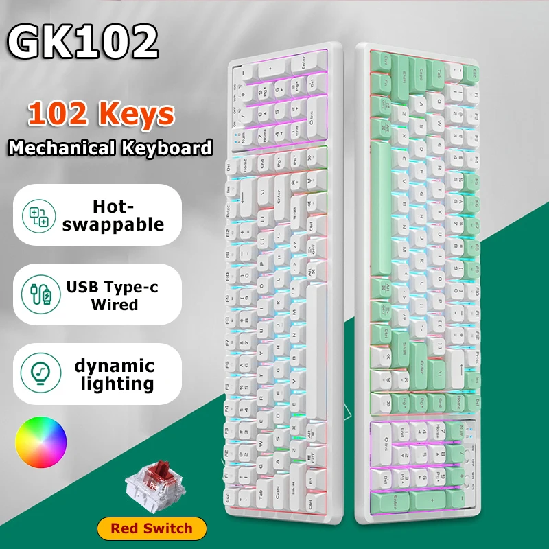 Механическая клавиатура GK102 с горячей заменой, 102 клавиш, Смешанная подсветка, Type-c, проводные игровые клавиатуры, смазанные Outemu, Red Switch NKRO