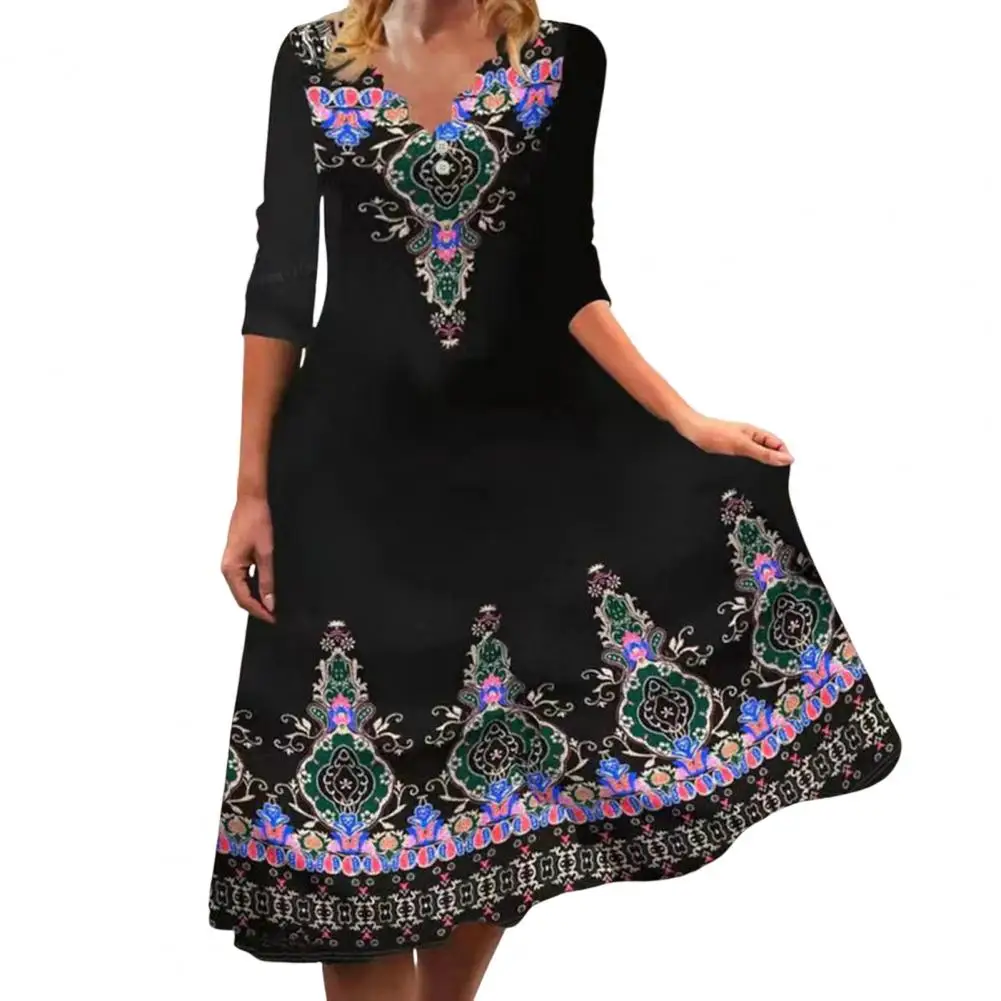 

Autumn Dress Loose Hem Breathable Mid-Calf Office Lady Vintage A-Line Long Dress Casual Dress for Office