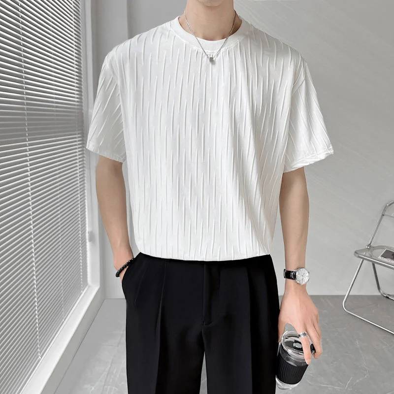 

Summer Short-sleeved T-shirt Men Slim Fashion Black/White Casual Pleated T-shirt Men Korean O-neck Ice Silk T Shirt Mens Top