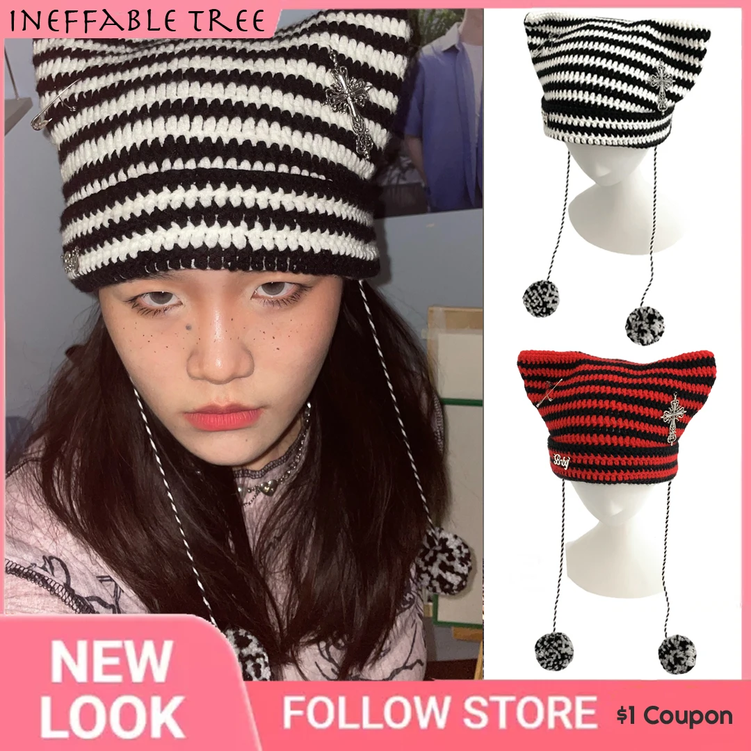 Y2K Harajuku Punk Gothic Knitted Cat Ear Hat Women Kawaii Fashion Designer Cross PinWinter Beanie Hat Female Girls Accessories