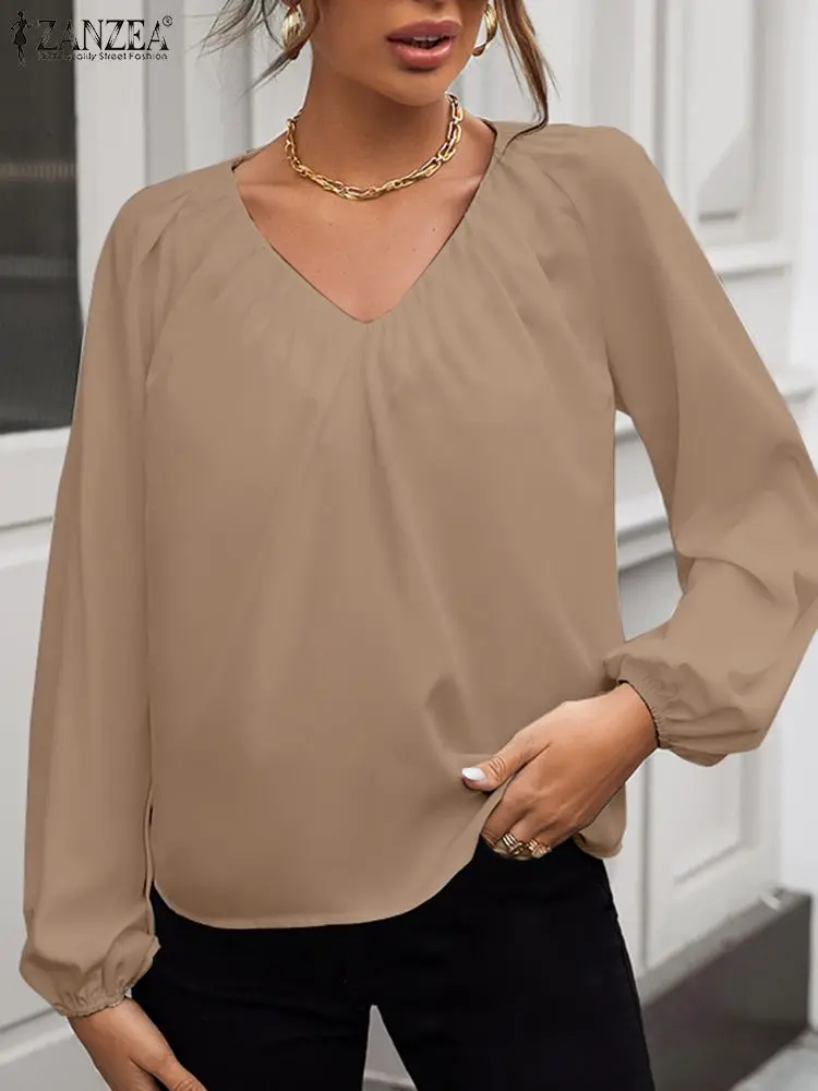 

ZANZEA Fashion Loose Tunic Tops Woman Puff Sleeve V-Neck Blouse Vintage Solid Shirt Autumn Casual OL Work Blusas Oversized 2023