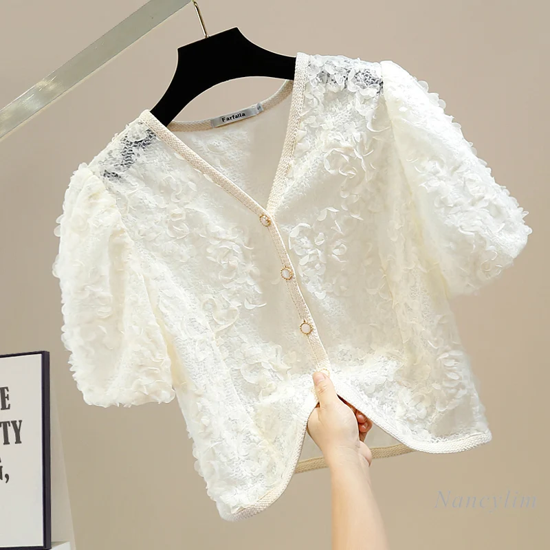 

Sweet Tridimensional Pleated Lace Patchwork Retro Puff Short Sleeve V-neck Single Breasted Short Slight See-through Shirts Women