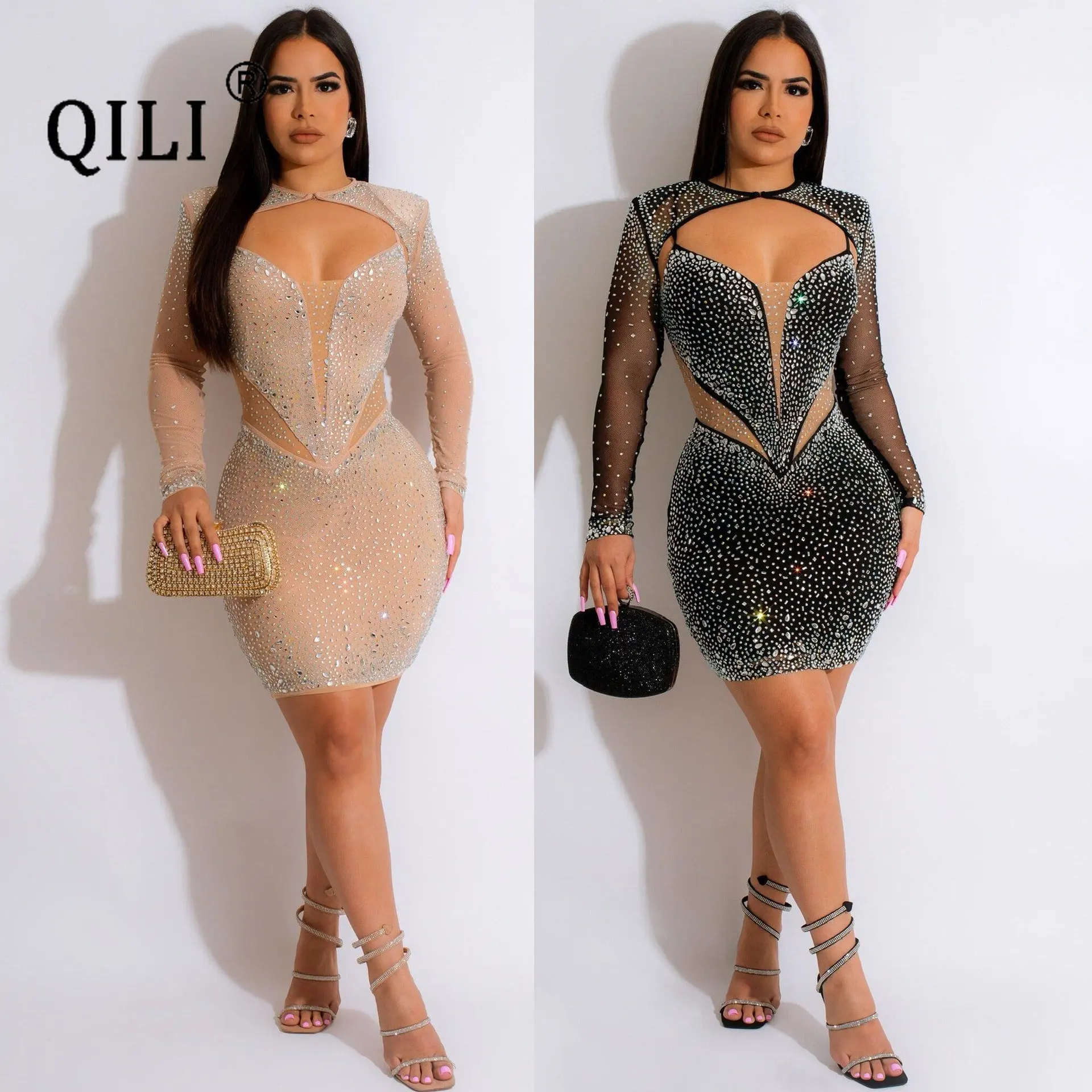 

QILI Diamonds Rhinestone Black Dress Slimming Perspective Can Wear Long-sleeved Suspender Dress Sexy Party Club Dress New