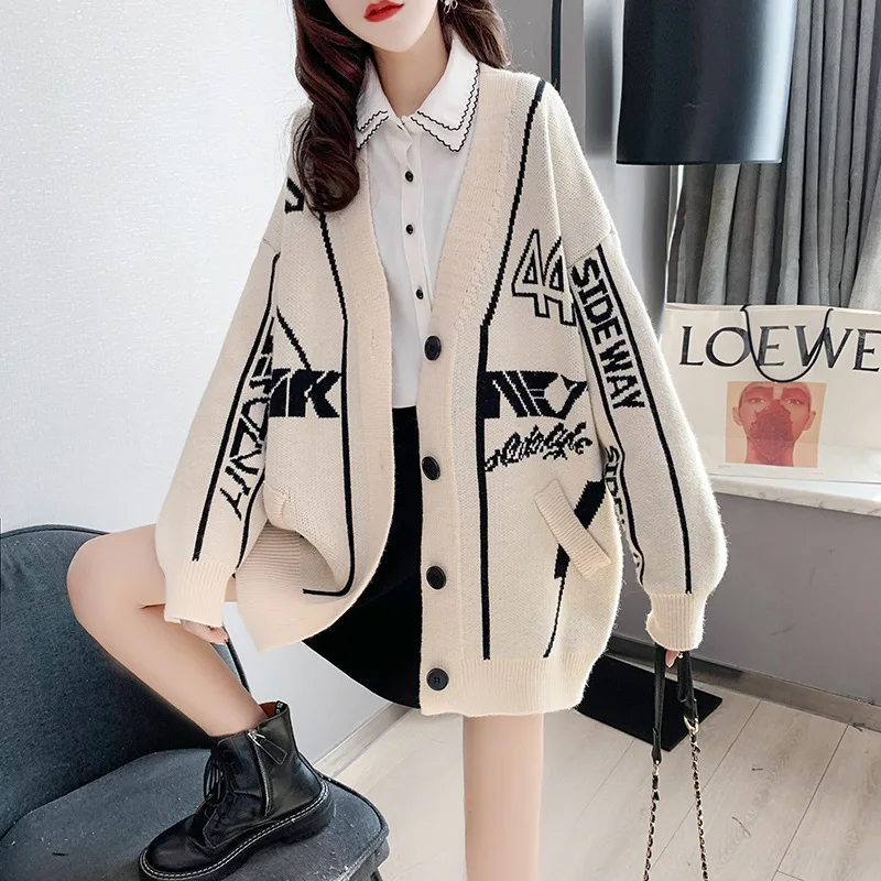 

Letter Knitted Cardigan Women Spring 2023 Off White Spring Autumn Winter Jumpers Long Outerwear Maxi Y2k Sweater Coat Jacket