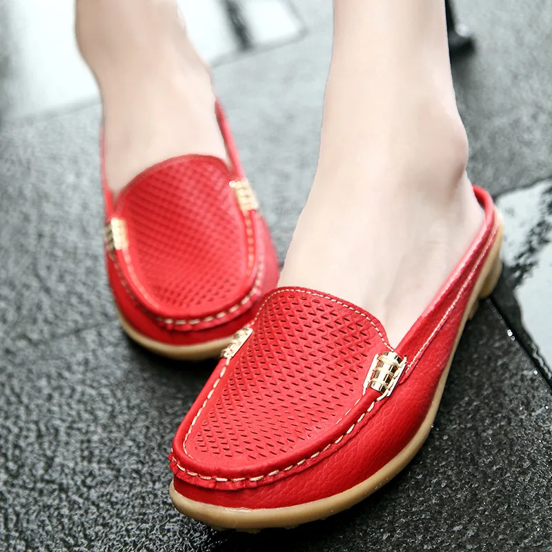

Women Casual Shoes Hollow Out Lady Half Lofers Genuine Leather Flats Moccasins Women Luxury Brand Half Slippers Zapatillas Mujer