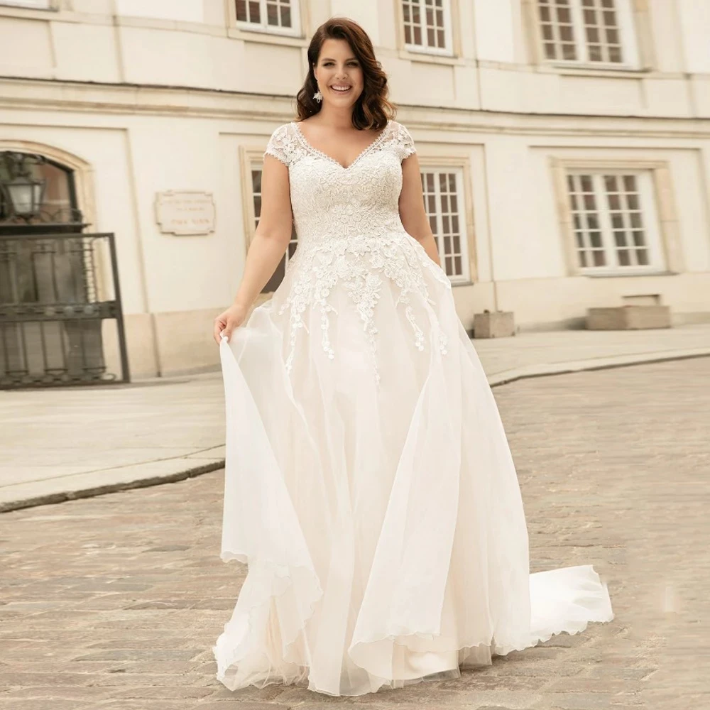 

Plus Size Wedding Dress 2022 Cap Sleeve V Neck A Line Boho Bridal Gown Back Lace-up Vestido De Noiva Corset Bride Dresses