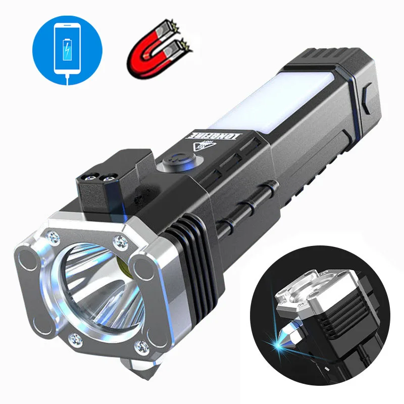Super Bright Power Bank LED Flashlight with Safety Hammer and Strong Magnets USB COB Work Light Portable Lanterns for Camping
