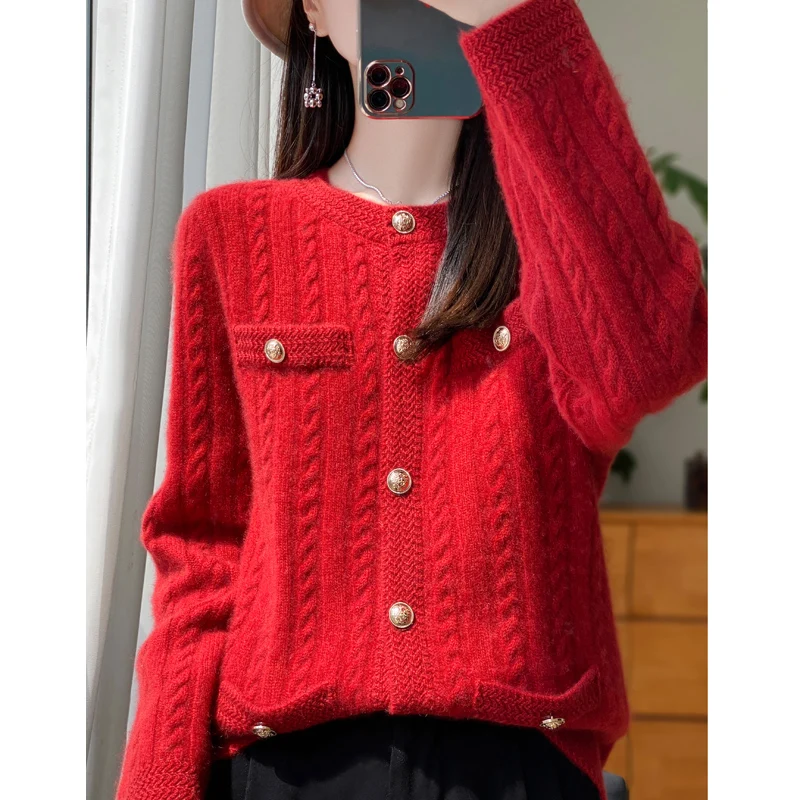 Осень/зима 2023 новый кардиган из 100% чистой шерсти с круглым вырезом утолщенный