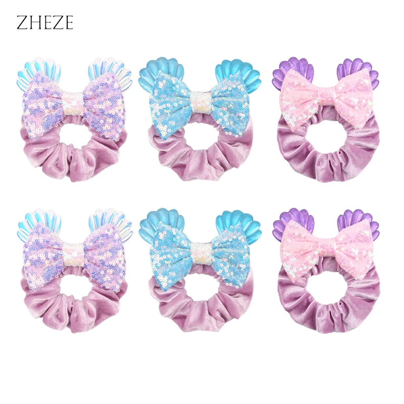 

NEW Glitter Shell Elastic Hairband For Girls Shiny 4"Bow Velvet Ponytail Rope Children Cute Hair Scrunchies Accessories
