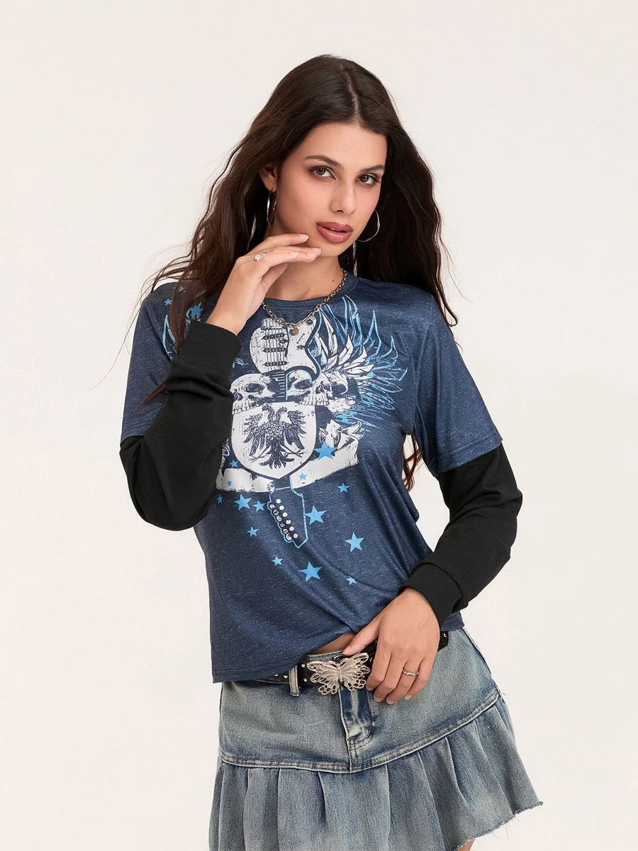 Женская футболка 2024 весна-осень винтажные лоскутные осенние топы с длинными