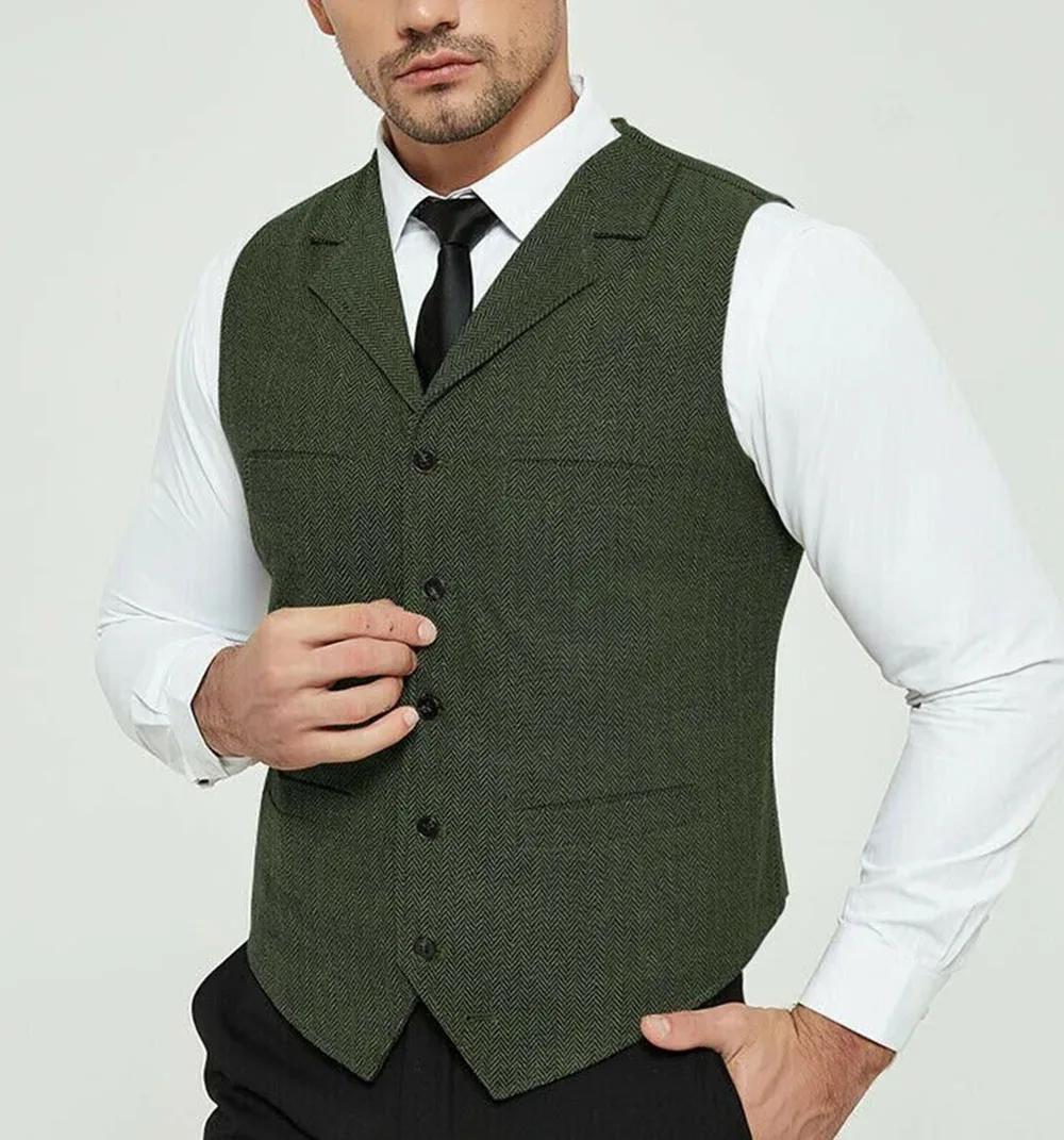 

Men's Herringbone Vest Wedding Tweed Wool Army Green Tailored Collar Retro Tooling Waistcoat Male Gentleman Business Waistcoat