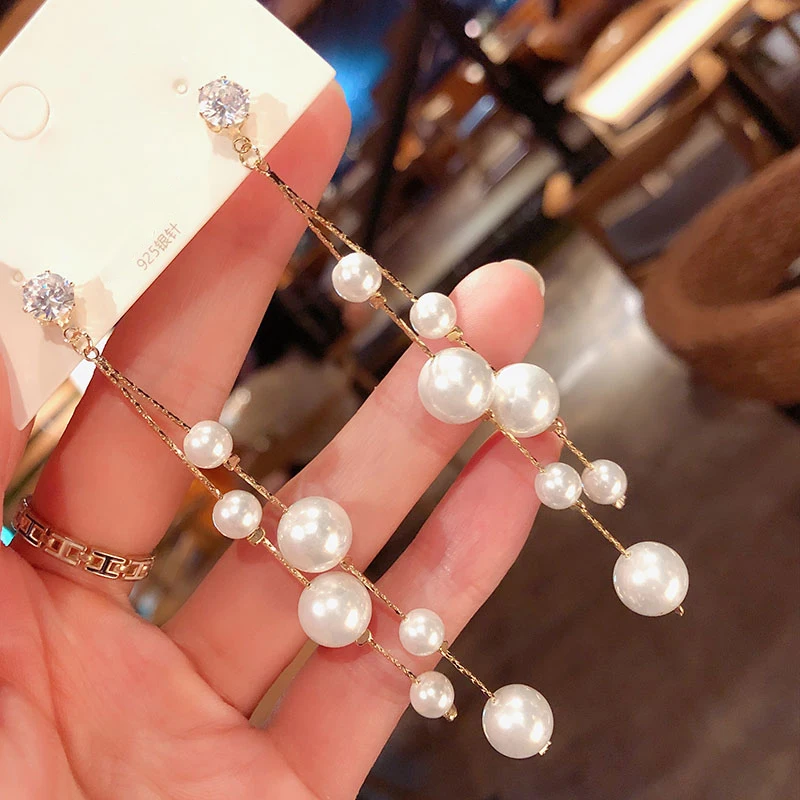 

2022 Trend Korean Big Small Pearl Tassel Long Drop Earrings For Women Jewelry Temperament Elegant Fashion Statement Brincos