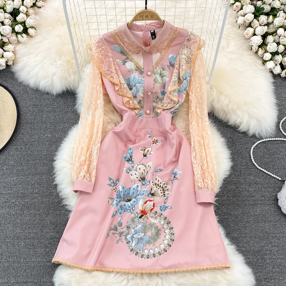 

YIZZHOY Spring Autumn Women Fashion Casual Lapel Ruffle Lace Stitching Dress High Waist Slim Long Sleeve Printed A-Line Dresses