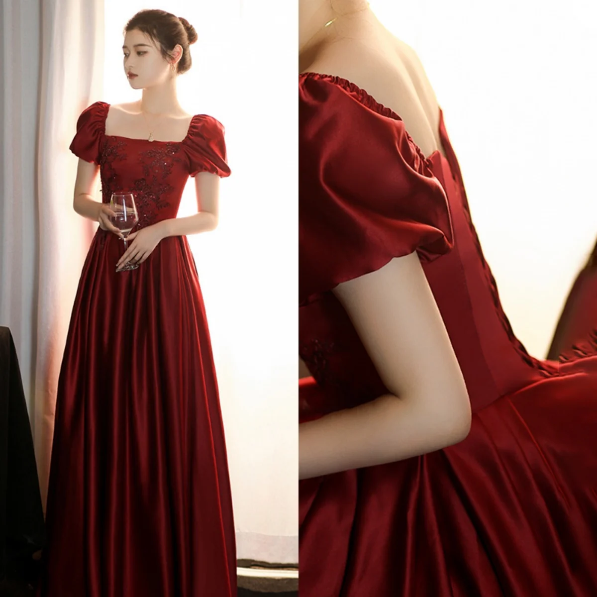 Женское вечернее платье It's Yiiya бордовое атласное большого размера с квадратным