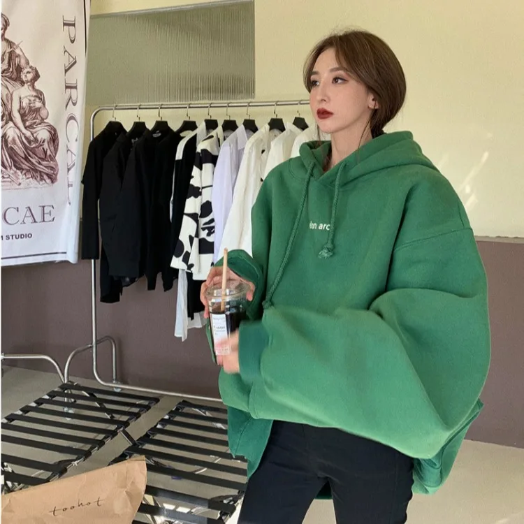 

Women Solid Casual Sweatshirts Warm Velvet Long Sleeve Oversize Hoodies Tops 2021 Autumn Winter Korean Fashion Pullover Tops