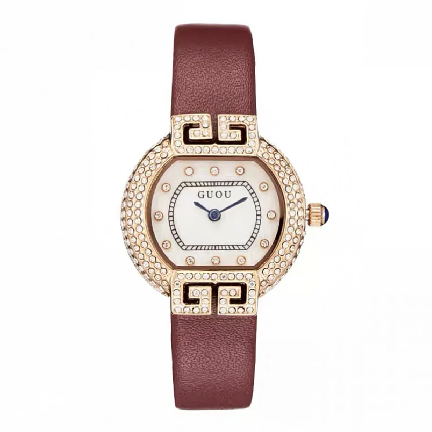 

2022 Fashion Guou Top Brand Women Clock With Diamond Gold Leather Ladies Luxury Casual Women's Bracelet Watches Relogio Feminino