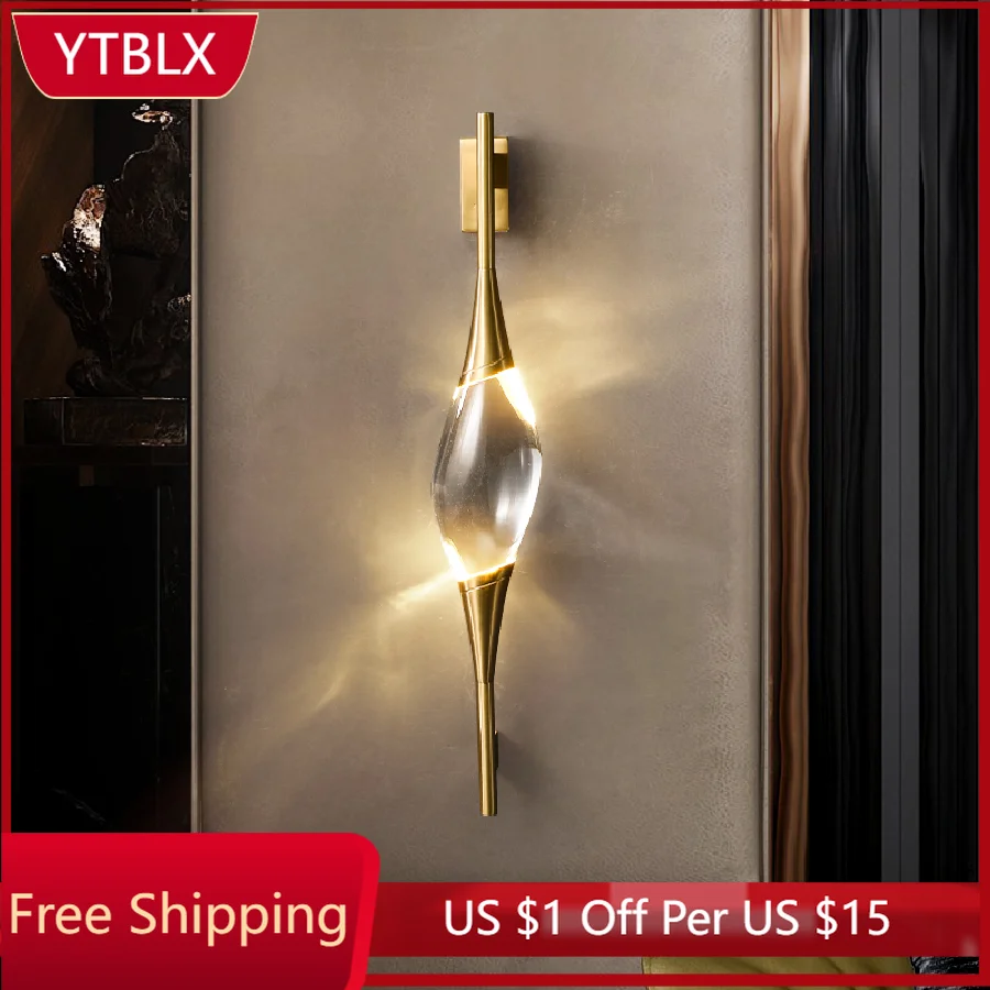 

Современная медная настенная лампа, комнатный декор, бра, Хрустальный прикроватный настенный светильник для гостиной, столовой, лестницы, с...