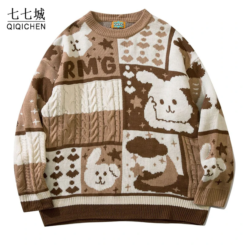 Mens College style Knitting Sweater women Street rabbit color block Jumpers 2022 Autumn Harajuku Fashion Casual Knitted Pullover