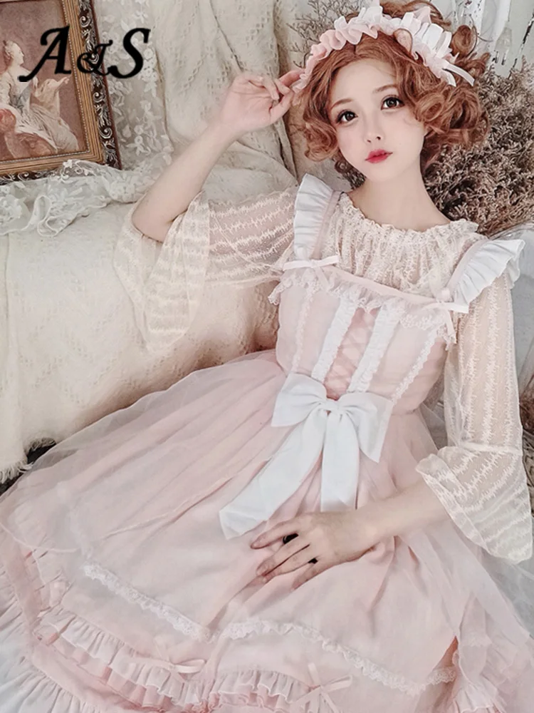 

Palace Princess Sweet Lolita Dress Daily Tea Vintage Lace Bowknot High Waist Victorian Party Dress Kawaii Girl Jsk Loli Cosplay