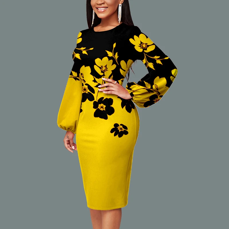 

Party Dresses for Women 2021 Fashion Printed Puff Sleeve Bodycon Dress Women Autumn Vintage Elegant Long Sleeve Slim Work Dress