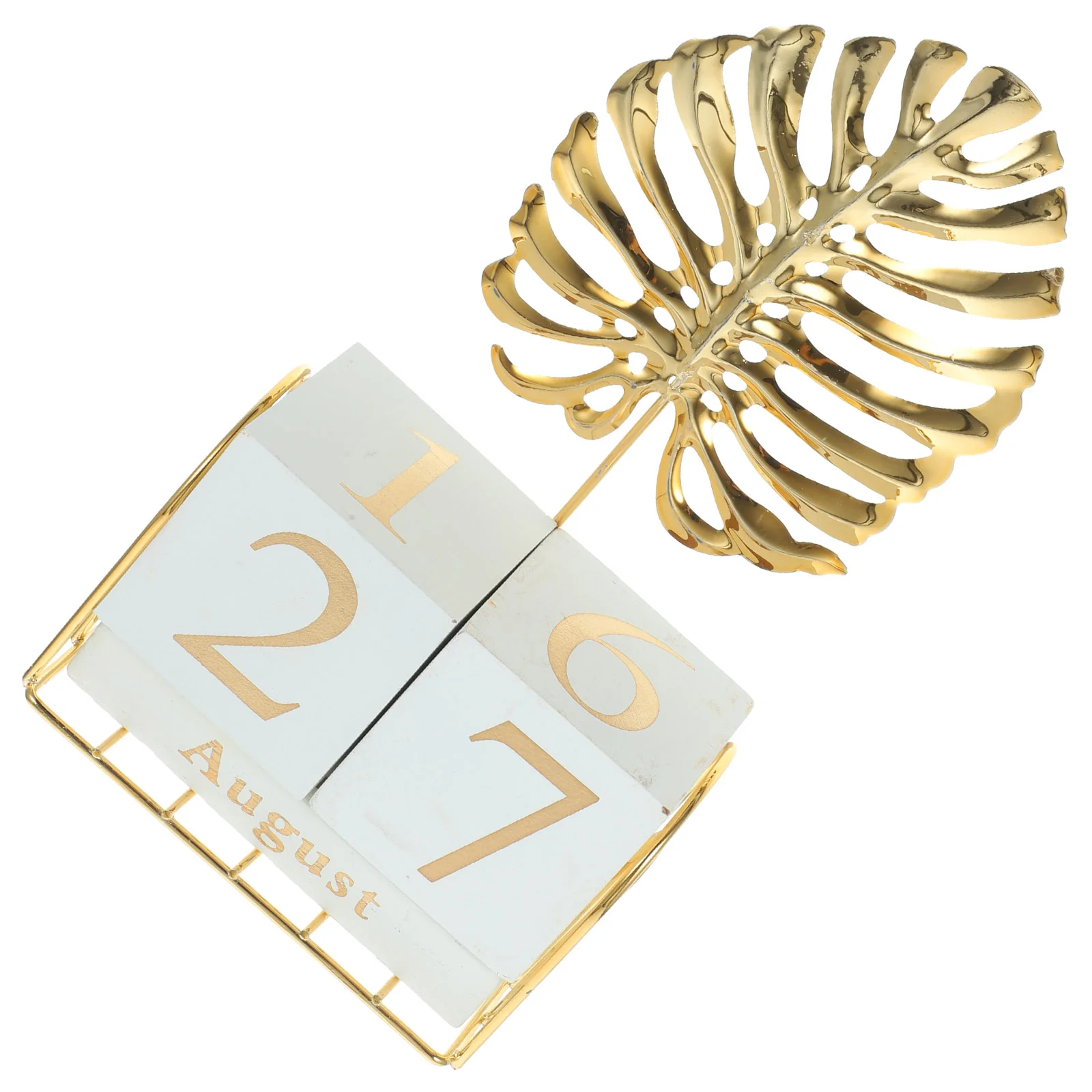 

Garneck Wooden Block Perpetual Desk Calendar with Metal Palm Leaf Sculpture and Flip Calendar Pages for Tropical Themed Parties