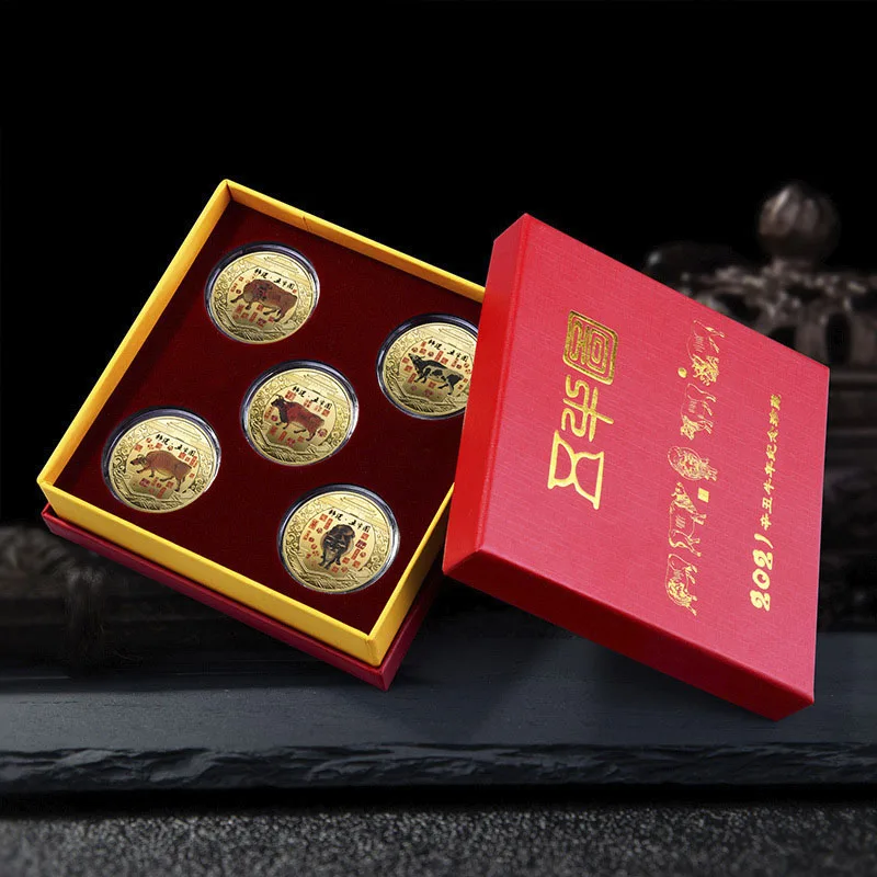 

Five oxen commemorative medal New Year picture metal color gift box Company person home decorational memorial collection