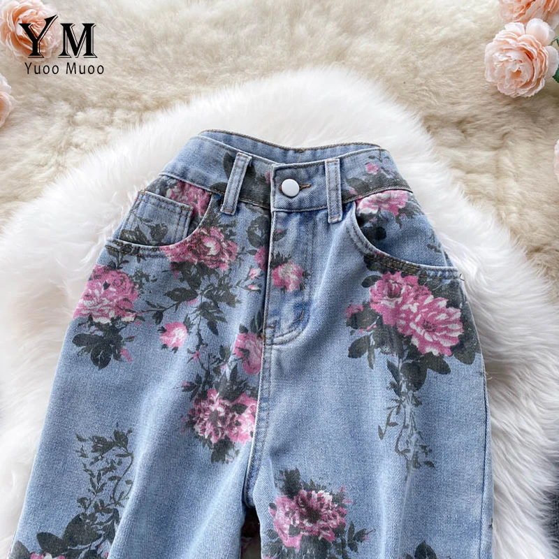 

Fashion Rose Flower Print Blue Jeans Pants Women Straight Long Denim Trousers Elegant Autumn Ladies Pants Super Stretchy Jeans