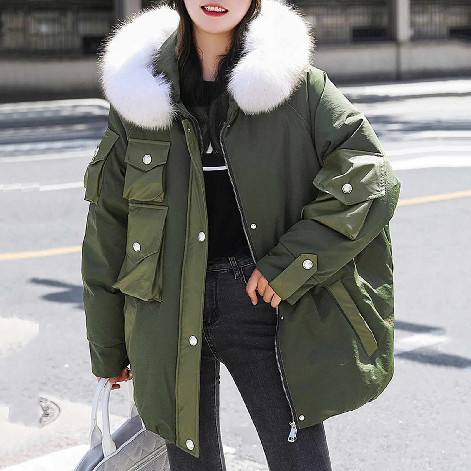 

Women's Leather Stitching Cotton Jacket Down Padded Winter Long Sleeved Coat Womens Long Coat Winter Coats Junior Girls with 6