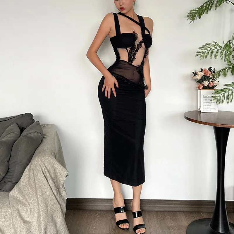 Сексуальное сетчатое платье с открытой спиной инкрустированное полое