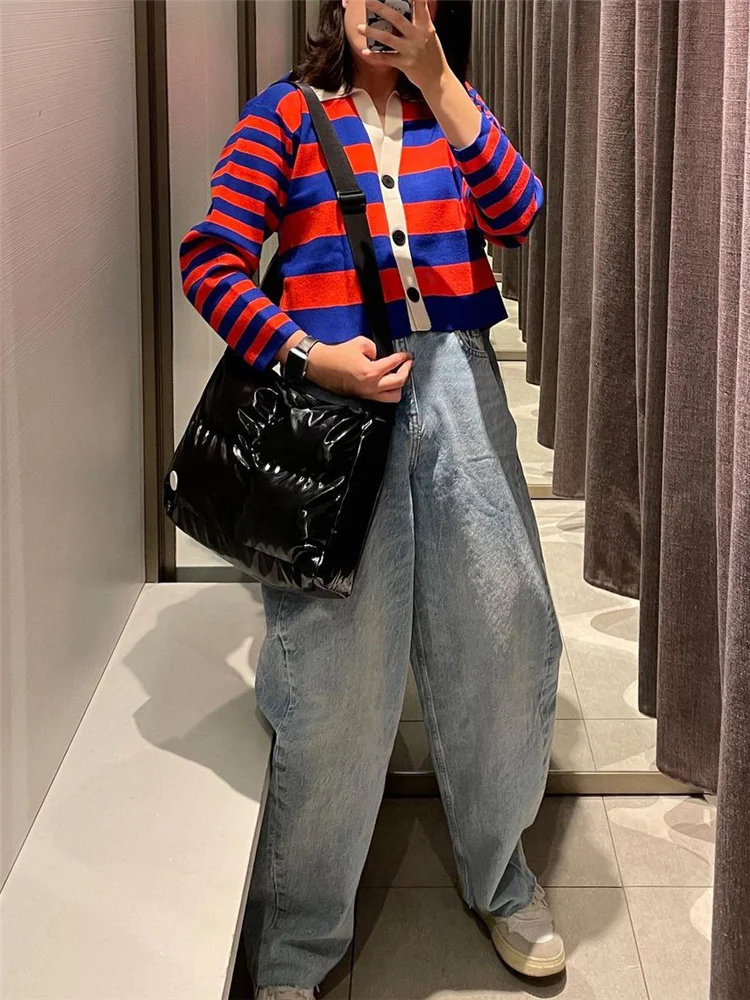 

Woman Casual Red Striped Patchwork Knit Cardigan 2023 Spring Chic Female Soft V Neck Button Cardigans Girls Sweet Knitwear
