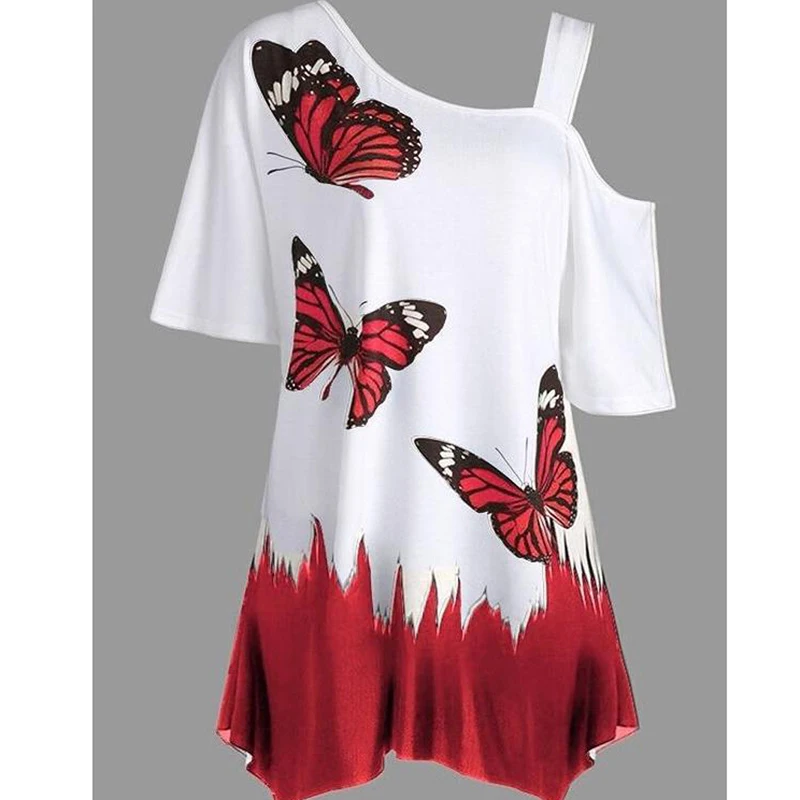 

2023 Summer Women Casual T-Shirts Butterfly Printed Tee One Shoulder Irregular Top Female Loose Tee Tops