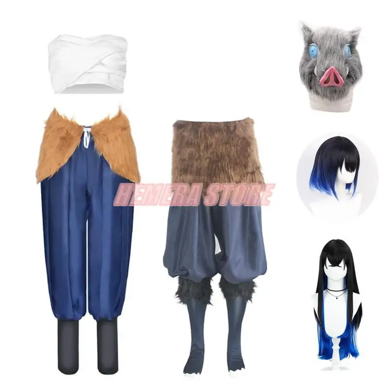 

Anime Demon Slayer Kimetsu No Yaiba Hashibira Inosuke Cosplay Costume Wig Pig Silicone Mask Pants Black Socks Sandals Role Gift