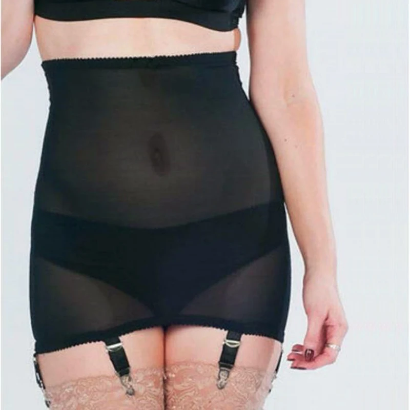 High Waist Transparent Mesh Garter Belt with 6 Buckles Straps Suspender Belt Garters for Stockings Pantyhose Night Lingerie