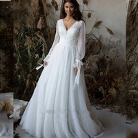 boho wedding dresses 2022 v neck a line long sleeves modern polka dot tulle bohemian gown backless bridal custom made