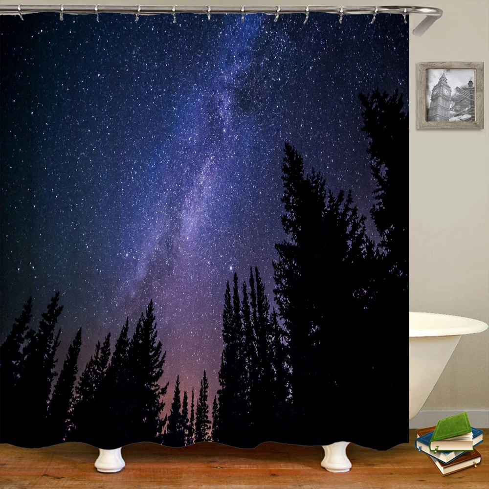 

Starry Sky Forest Landscape Bathroom Curtain 3D Natural Scenery Printing Shower Curtains Waterproof Polyester Home Decoration