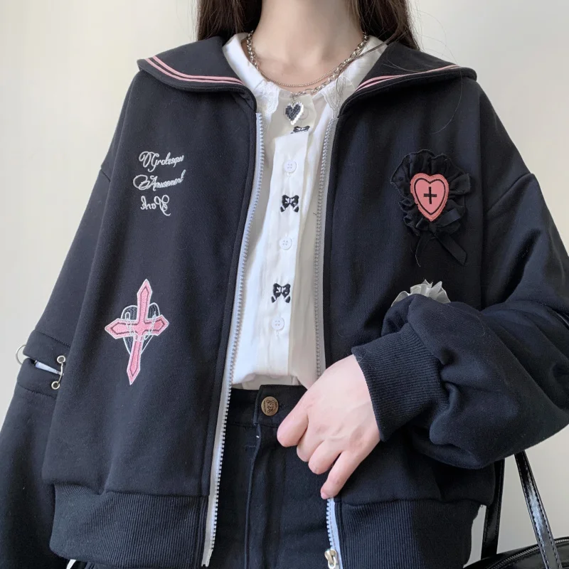 

Spring New Japanese Patchwork Sleeves Women Large lapel Hoodie Coat Sweet Cool Girl Short Tops Student Gothic Jacket Chic Gift