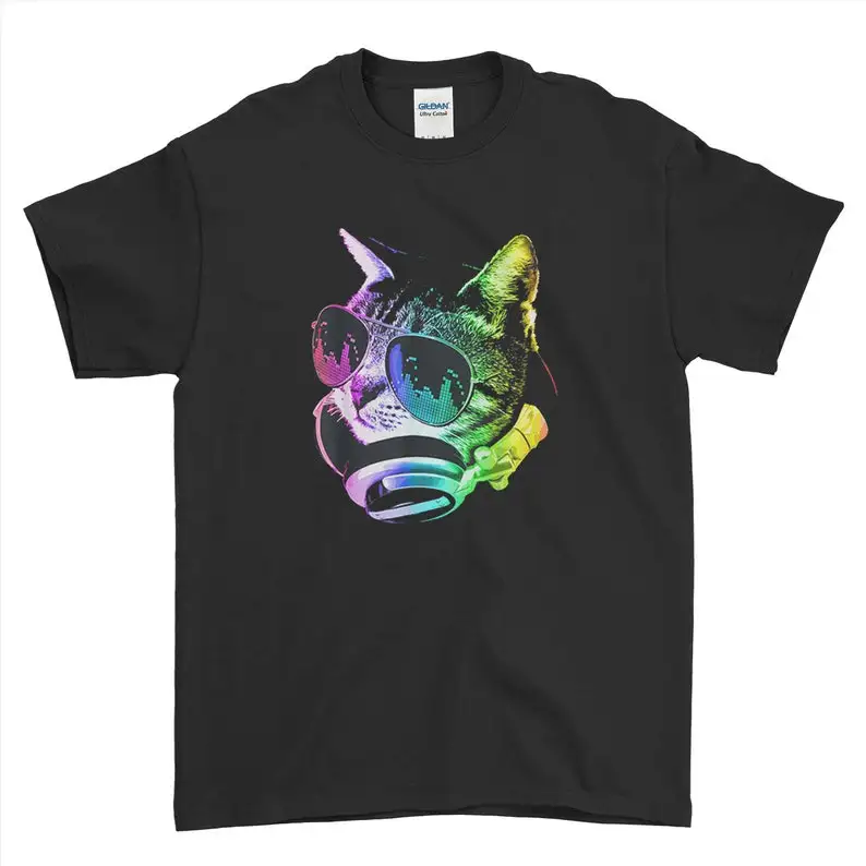 

Dj Retro Cat T-Shirt Rainbow Gothic Style Cat Music Party Mens Womens Tee Top
