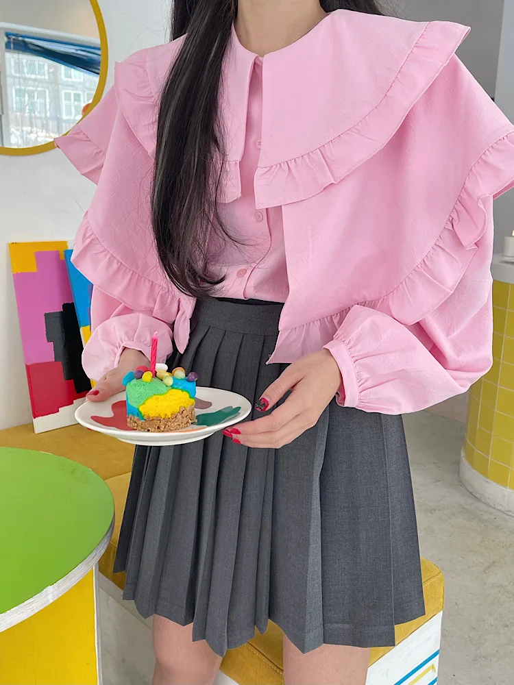 

Spring and Summer Temperament Sweet and Lovely Double Doll Collar Ruffle Long Sleeve White Lining Large Ruffle Loose Shirt