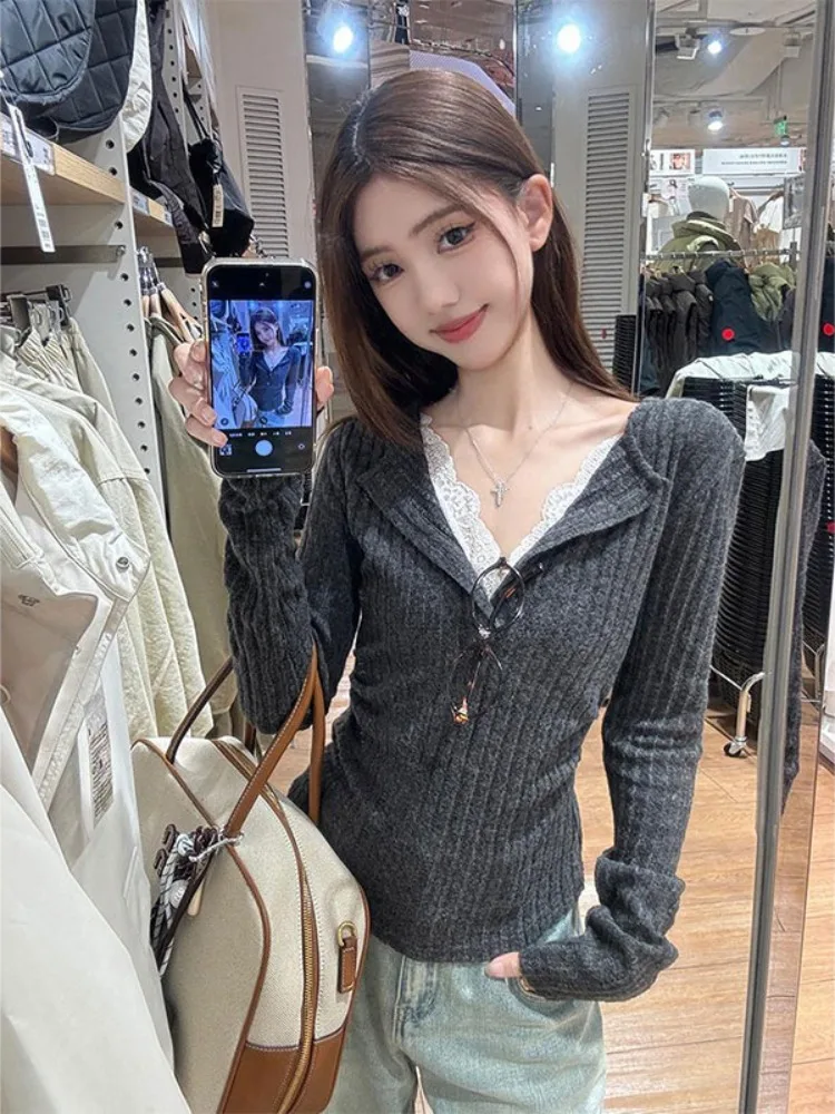 Серые кружевные швы с v-образным вырезом и длинными рукавами трикотажные женские