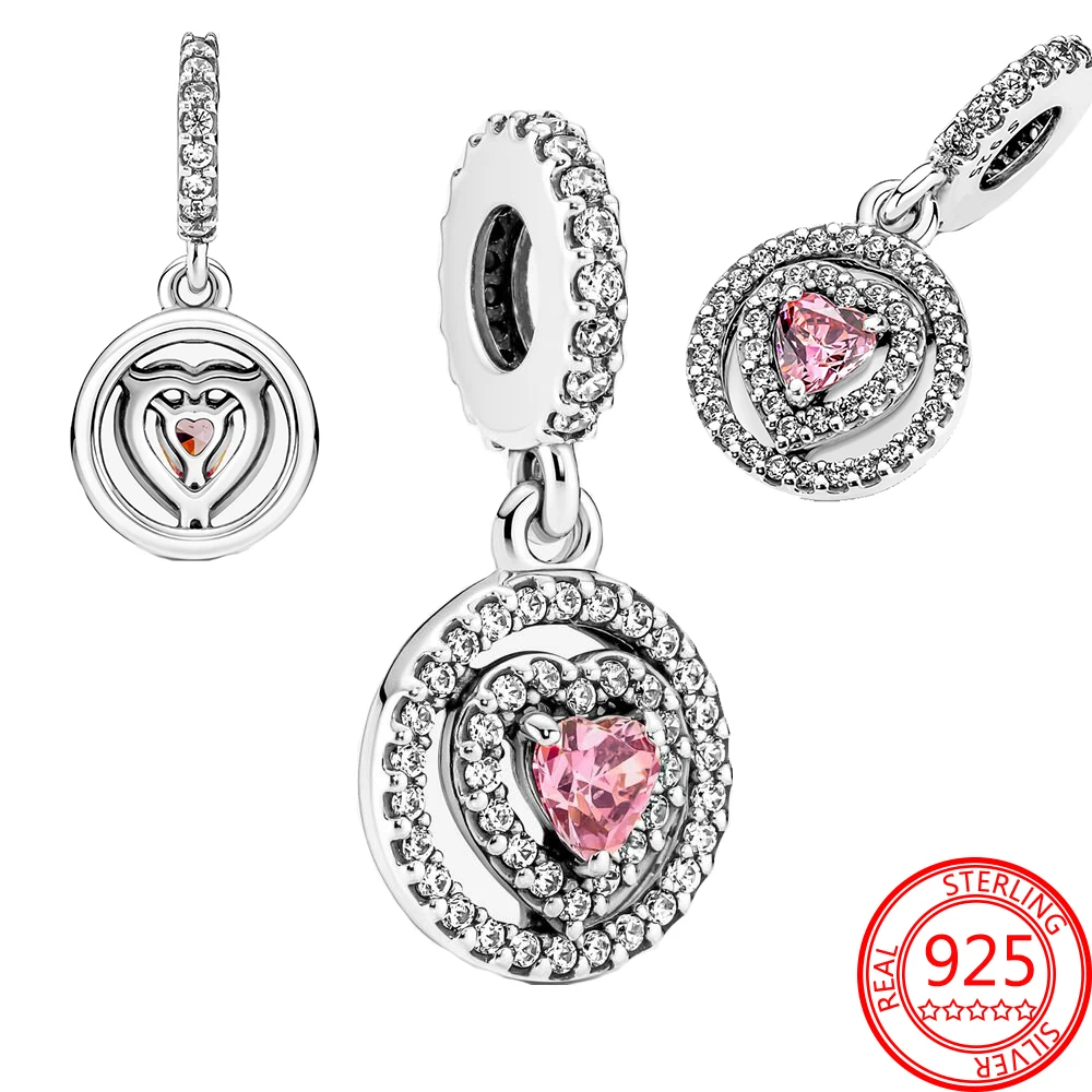 

New 925 Sterling Silver Pink Gems Sparkling Double Halo Heart Dangle Charm Fits Brand Bracelet Women's Jewelry Gift