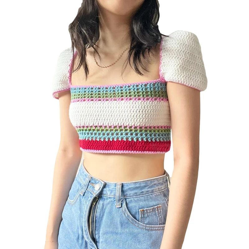 

Женский винтажный трикотажный кроп-топ с коротким рукавом и квадратным вырезом