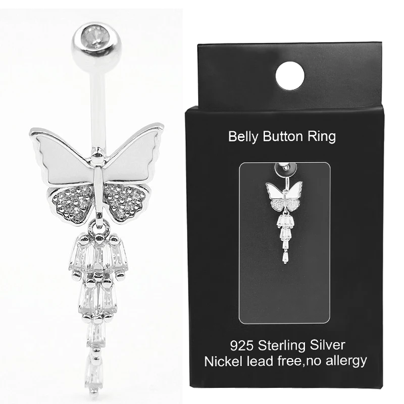 

925 Sterling Silver Cubic Zircon Belly Button Rings Butterfly Piercing Sexy Navel Ring Jewelry