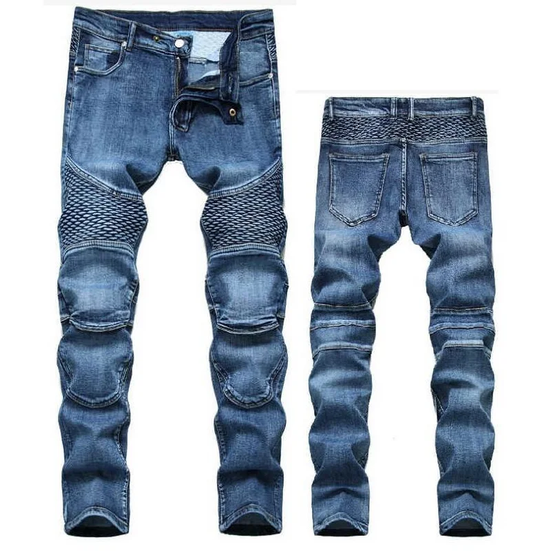 Men Jeans Designer Moto Bike Straight Jeans For Men's Punk Rock Streetwear Riding Knee Guard Denim Pants