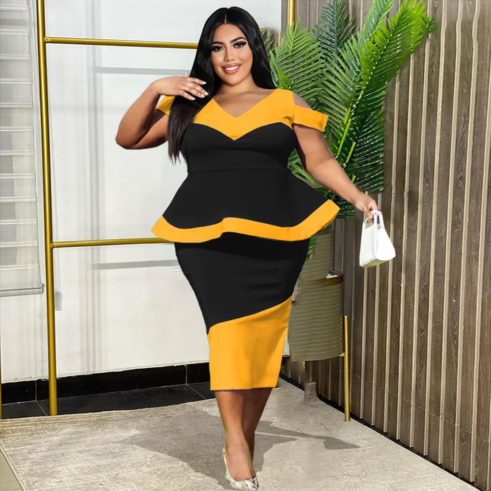 EOENKKY Plus Size Exotic Apparel Fashion Summer New Fat MmV Collar Stitching Sleeve Skirt Pencil Wholesale Dropshiping Customize
