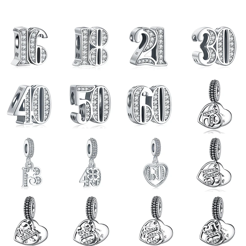 

Erizteya Original 925 Sterling Silver Bead Charm 18 20 30 40 50 60 Years of Love Pendant Charms Fit Bracelets Women DIY Jewelry