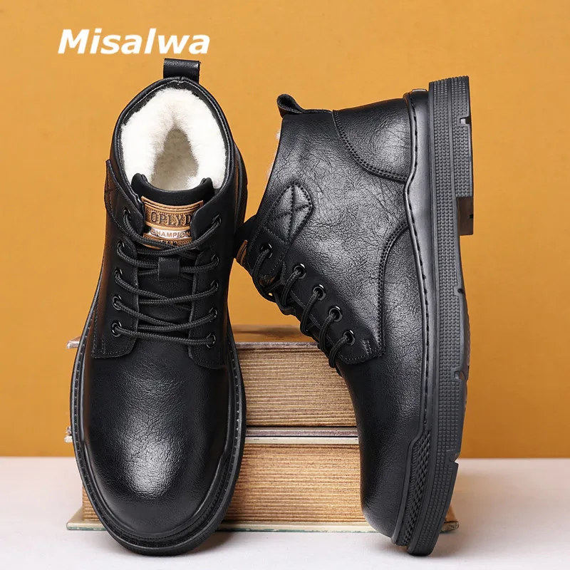 

Misalwa Winter Men Boots Motorcycle British Ankle Men Warm Leather Shoes Cold-proof Mens Work Snow Boots Office