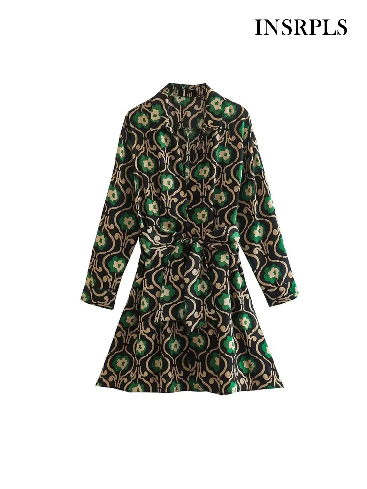 

Женское винтажное мини-платье с поясом, длинным рукавом и пуговицами спереди