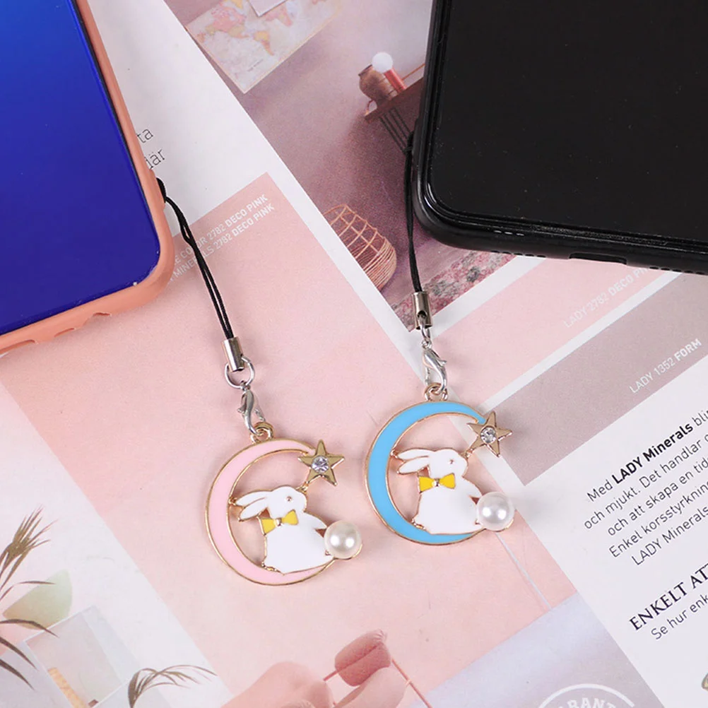 2 Pcs Key Chain Mobile Phone Cellphone Lanyard Strap Moon Star Bunny Charm Smartphones Alloy Student Lovers